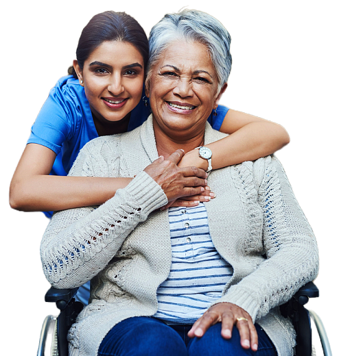 carer and senior woman smiling